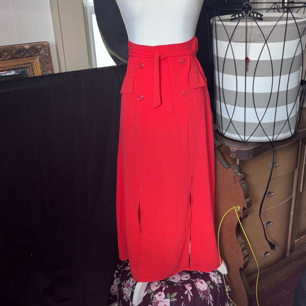 Women’s Orange Tie-Waist Midi Skirt with Front Slits